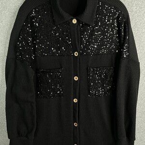 Lovely Melody XL Black Waffle Knit Sequin Button Front V-Neck Sweater USA